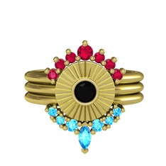 Minimal Tria Cora Yüzük - Rodolit garnet, siyah zirkon ve akuamarin 8 ayar altın yüzük #1etmgda