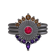 Minimal Tria Cora Yüzük - Dumanlı kuvars, rodolit garnet ve ametist 925 ayar siyah rodyum kaplama gümüş yüzük #1f519xj