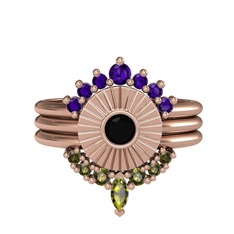 Minimal Tria Cora Yüzük - Ametist, siyah zirkon ve peridot 14 ayar rose altın yüzük #1f6omkw