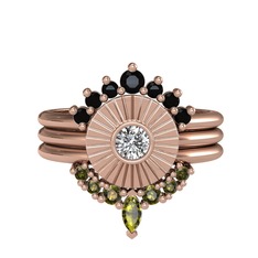 Minimal Tria Cora Yüzük - Siyah zirkon, beyaz zirkon ve peridot 14 ayar rose altın yüzük #1fiqskm