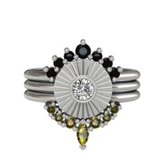 Minimal Tria Cora Yüzük - Siyah zirkon, swarovski ve peridot 18 ayar beyaz altın yüzük #1fja1d4