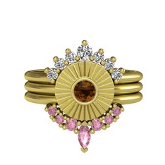Minimal Tria Cora Yüzük - Swarovski, dumanlı kuvars ve pembe kuvars 14 ayar altın yüzük #1frdfca