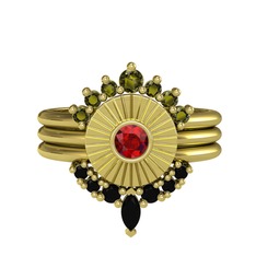 Minimal Tria Cora Yüzük - Peridot, garnet ve siyah zirkon 14 ayar altın yüzük #1g0fhkm