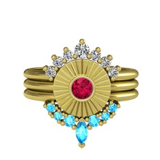 Swarovski, rodolit garnet ve akuamarin 14 ayar altın yüzük