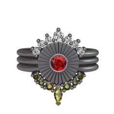 Minimal Tria Cora Yüzük - Swarovski, garnet ve peridot 925 ayar siyah rodyum kaplama gümüş yüzük #1gi1cly