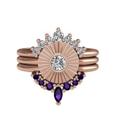 Minimal Tria Cora Yüzük - Beyaz zirkon, swarovski ve ametist 14 ayar rose altın yüzük #1gjgym
