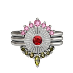 Minimal Tria Cora Yüzük - Pembe kuvars, garnet ve peridot 14 ayar beyaz altın yüzük #1gqv3fq
