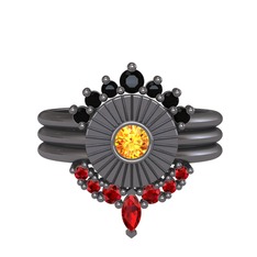 Siyah zirkon, sitrin ve garnet 925 ayar siyah rodyum kaplama gümüş yüzük