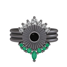 Minimal Tria Cora Yüzük - Swarovski, siyah zirkon ve kök zümrüt 925 ayar siyah rodyum kaplama gümüş yüzük #1gyx9w5