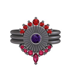 Minimal Tria Cora Yüzük - Garnet, ametist ve rodolit garnet 925 ayar siyah rodyum kaplama gümüş yüzük #1h7qc9v