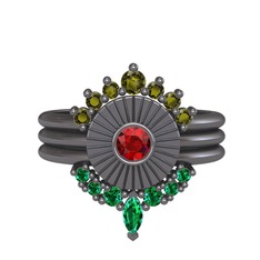 Minimal Tria Cora Yüzük - Peridot, garnet ve yeşil kuvars 925 ayar siyah rodyum kaplama gümüş yüzük #1h8alz5