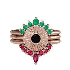 Minimal Tria Cora Yüzük - Kök zümrüt, siyah zirkon ve rodolit garnet 8 ayar rose altın yüzük #1ha6ei7