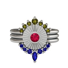 Peridot, rodolit garnet ve lab safir 14 ayar beyaz altın yüzük