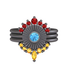 Minimal Tria Cora Yüzük - Garnet, akuamarin ve sitrin 925 ayar siyah rodyum kaplama gümüş yüzük #1hh4kgi