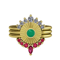 Minimal Tria Cora Yüzük - Pırlanta, kök zümrüt ve rodolit garnet 8 ayar altın yüzük (0.42 karat) #1huqv93