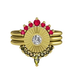 Minimal Tria Cora Yüzük - Rodolit garnet, swarovski ve peridot 14 ayar altın yüzük #1hzoa12