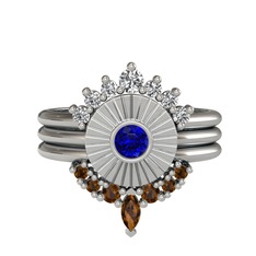 Minimal Tria Cora Yüzük - Swarovski, lab safir ve dumanlı kuvars 14 ayar beyaz altın yüzük #1igjpyu