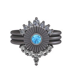 Pırlanta, akuamarin ve swarovski 925 ayar siyah rodyum kaplama gümüş yüzük (0.42 karat)