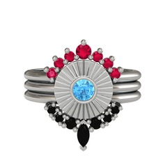 Minimal Tria Cora Yüzük - Rodolit garnet, akuamarin ve siyah zirkon 18 ayar beyaz altın yüzük #1iymp9m
