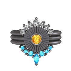 Minimal Tria Cora Yüzük - Swarovski, sitrin ve akuamarin 925 ayar siyah rodyum kaplama gümüş yüzük #1j1ph2y