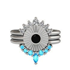 Minimal Tria Cora Yüzük - Swarovski, siyah zirkon ve akuamarin 8 ayar beyaz altın yüzük #1j5bcbu
