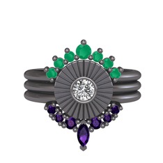 Minimal Tria Cora Yüzük - Kök zümrüt, swarovski ve ametist 925 ayar siyah rodyum kaplama gümüş yüzük #1j82r1w