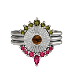 Peridot, dumanlı kuvars ve rodolit garnet 14 ayar beyaz altın yüzük