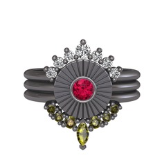 Beyaz zirkon, rodolit garnet ve peridot 925 ayar siyah rodyum kaplama gümüş yüzük