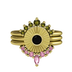 Peridot, siyah zirkon ve pembe kuvars 14 ayar altın yüzük