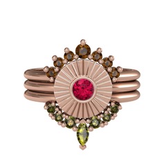 Minimal Tria Cora Yüzük - Dumanlı kuvars, rodolit garnet ve peridot 925 ayar rose altın kaplama gümüş yüzük #1jmjm5i