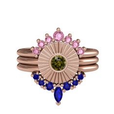 Minimal Tria Cora Yüzük - Pembe kuvars, peridot ve lab safir 8 ayar rose altın yüzük #1jqk0bf