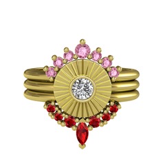 Pembe kuvars, beyaz zirkon ve garnet 14 ayar altın yüzük