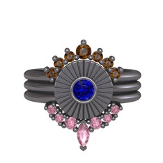 Minimal Tria Cora Yüzük - Dumanlı kuvars, lab safir ve pembe kuvars 925 ayar siyah rodyum kaplama gümüş yüzük #1kpylpo