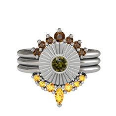 Minimal Tria Cora Yüzük - Dumanlı kuvars, peridot ve sitrin 18 ayar beyaz altın yüzük #1ks6866
