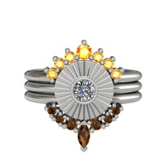 Minimal Tria Cora Yüzük - Sitrin, pırlanta ve dumanlı kuvars 8 ayar beyaz altın yüzük (0.16 karat) #1kt9shi