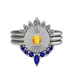 Minimal Tria Cora Yüzük - Pırlanta, sitrin ve lab safir 8 ayar beyaz altın yüzük (0.42 karat) #1ktla4r