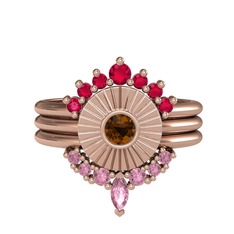Minimal Tria Cora Yüzük - Rodolit garnet, dumanlı kuvars ve pembe kuvars 8 ayar rose altın yüzük #1kvdg5l