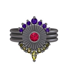 Ametist, rodolit garnet ve peridot 925 ayar siyah rodyum kaplama gümüş yüzük