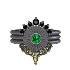 Minimal Tria Cora Yüzük - Siyah zirkon, yeşil kuvars ve peridot 925 ayar siyah rodyum kaplama gümüş yüzük #1kxhhmb