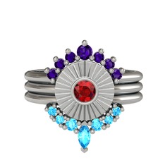 Ametist, garnet ve akuamarin 18 ayar beyaz altın yüzük