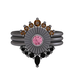 Minimal Tria Cora Yüzük - Dumanlı kuvars, pembe kuvars ve siyah zirkon 925 ayar siyah rodyum kaplama gümüş yüzük #1l8cj0w