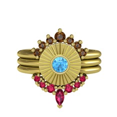 Dumanlı kuvars, akuamarin ve rodolit garnet 14 ayar altın yüzük