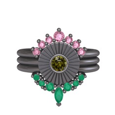 Pembe kuvars, peridot ve kök zümrüt 925 ayar siyah rodyum kaplama gümüş yüzük