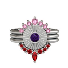 Pembe kuvars, ametist ve garnet 14 ayar beyaz altın yüzük
