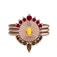 Minimal Tria Cora Yüzük - Kök yakut, sitrin ve dumanlı kuvars 8 ayar rose altın yüzük #1lyk5gb