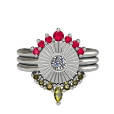 Minimal Tria Cora Yüzük - Rodolit garnet, pırlanta ve peridot 14 ayar beyaz altın yüzük (0.16 karat) #1m02tgx