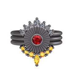 Minimal Tria Cora Yüzük - Pırlanta, garnet ve sitrin 925 ayar siyah rodyum kaplama gümüş yüzük (0.42 karat) #1m94qbv