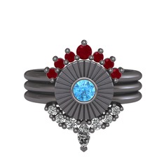 Kök yakut, akuamarin ve swarovski 925 ayar siyah rodyum kaplama gümüş yüzük