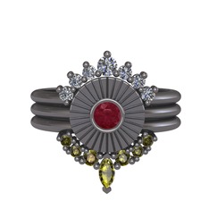Minimal Tria Cora Yüzük - Pırlanta, kök yakut ve peridot 925 ayar siyah rodyum kaplama gümüş yüzük (0.42 karat) #1misl2v