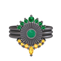 Minimal Tria Cora Yüzük - Yeşil kuvars, kök zümrüt ve sitrin 925 ayar siyah rodyum kaplama gümüş yüzük #1mp39f